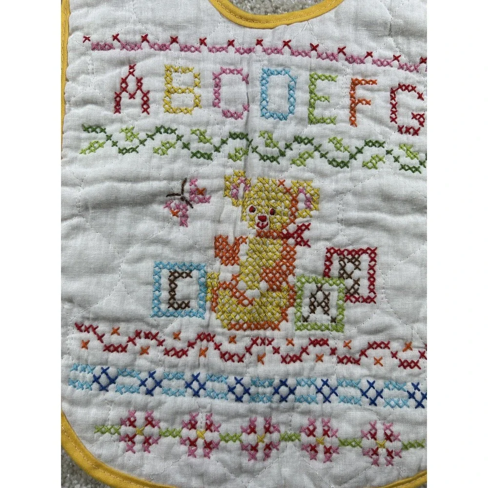 Vintage Hand Embroidered Baby Bib Alphabet Bear Blocks Yellow Trim Nursery Decor